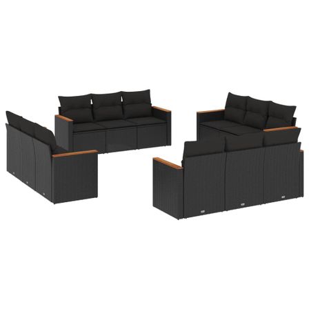 Salon de jardin 12 pcs avec coussins noir résine tressée