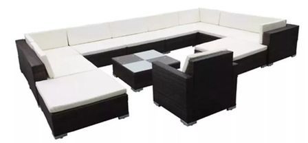 Salon de jardin 12 pièces résine tressée marron coussins blanc Kim