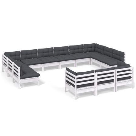Salon de jardin 13 pcs avec coussins blanc bois de pin