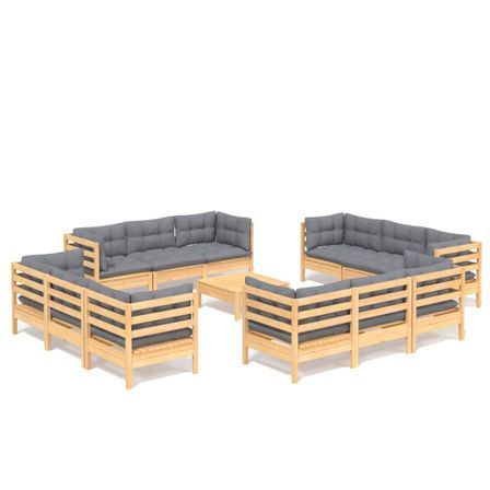 Salon de jardin 13 pcs avec coussins gris Bois de pin