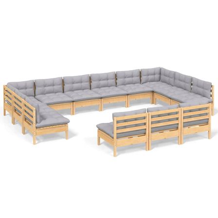 Salon de jardin 13 pcs avec coussins gris Bois de pin massif 2