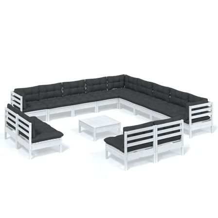 Salon de jardin 14 pcs avec coussins Blanc Bois de pin solide 2