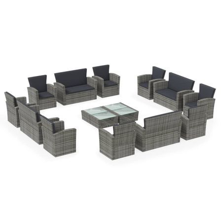 Salon de jardin 16 pcs avec coussins Résine tressée Gris 2