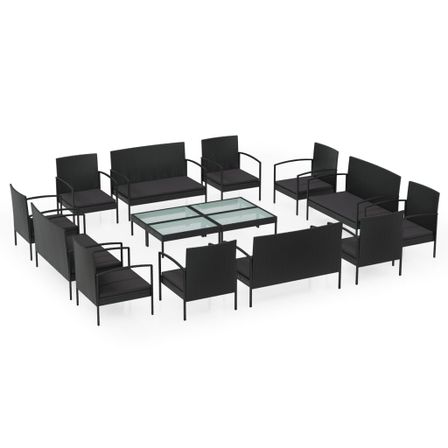 Salon de jardin 16 pcs avec coussins Résine tressée Noir 2