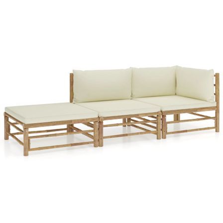 Salon de jardin 3 pcs avec coussins blanc crème Bambou