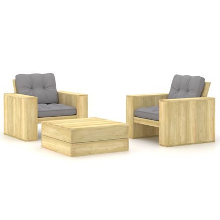 Salon de jardin 3 pcs avec coussins Bois de pin imprégné 8