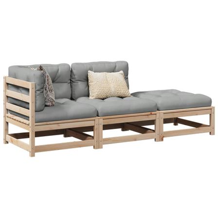 Salon de jardin 3 pcs avec coussins bois de pin massif