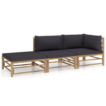 Salon de jardin 3 pcs avec coussins gris foncé Bambou 2