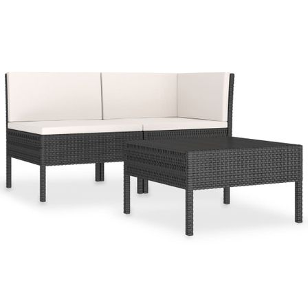 Salon de jardin 3 pcs avec coussins Résine tressée Noir 18
