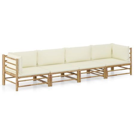 Salon de jardin 4 pcs avec coussins blanc crème Bambou 3