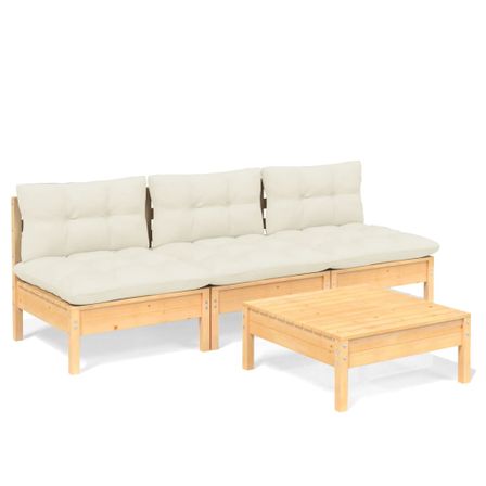 Salon de jardin 4 pcs avec coussins crème Bois de pin 8