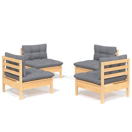 Salon de jardin 4 pcs avec coussins gris Bois de pin