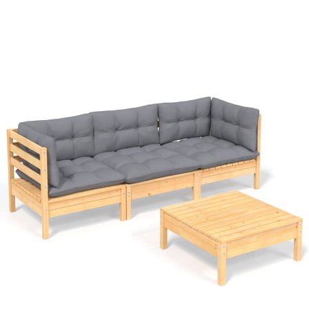 Salon de jardin 4 pcs avec coussins gris Bois de pin 2