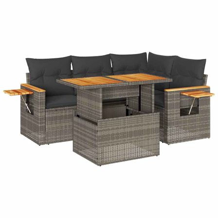 Salon de jardin 4 pcs avec coussins gris résine tressée acacia
