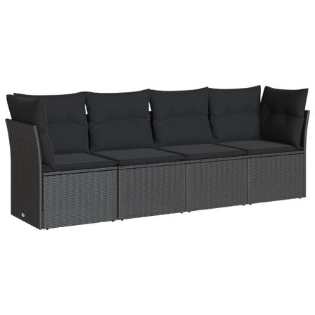 Salon de jardin 4 pcs avec coussins noir résine tressée