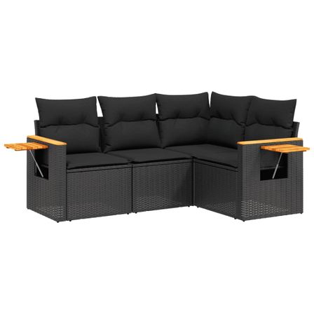 Salon de jardin 4 pcs avec coussins noir résine tressée