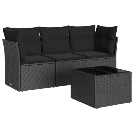 Salon de jardin 4 pcs avec coussins noir résine tressée