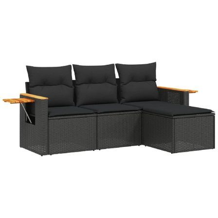 Salon de jardin 4 pcs avec coussins noir résine tressée