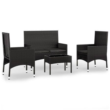 Salon de jardin 4 pcs avec coussins Noir Résine tressée