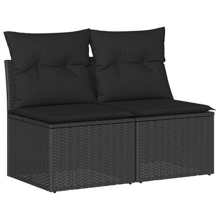 Salon de jardin 4 pcs avec coussins noir résine tressée acacia
