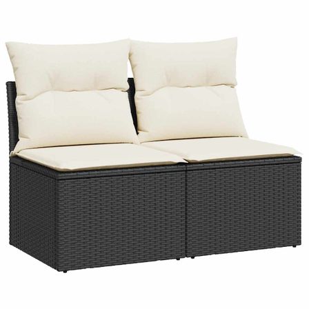 Salon de jardin 4 pcs avec coussins noir résine tressée acacia