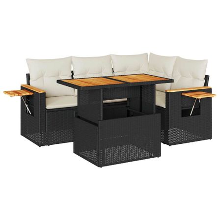 Salon de jardin 4 pcs avec coussins noir résine tressée acacia