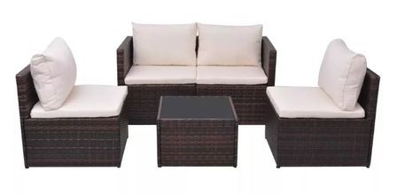 Salon de jardin 4 pièces résine tressée marron et coussins blanc Kael