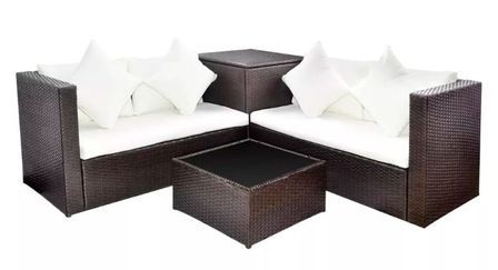Salon de jardin 4 pièces résine tressée marron et coussins blanc Kim 2