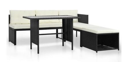 Salon de jardin 4 pièces résine tressée noir coussins blanc Kesaria