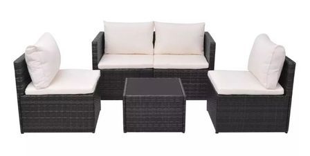 Salon de jardin 4 pièces résine tressée noir et coussins blanc Kael