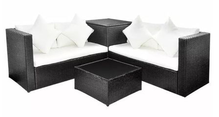 Salon de jardin 4 pièces résine tressée noir et coussins blanc Kim