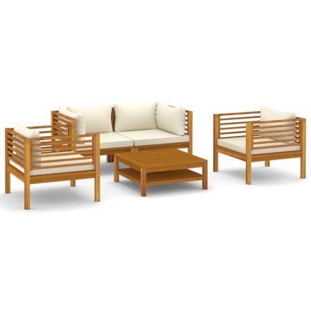 Salon de jardin 5 pcs avec coussin crème Bois d'acacia solide 4