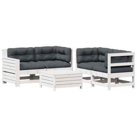 Salon de jardin 5 pcs avec coussins blanc bois massif de pin