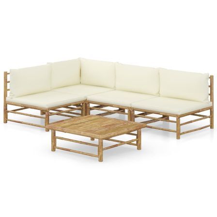 Salon de jardin 5 pcs avec coussins blanc crème Bambou 3