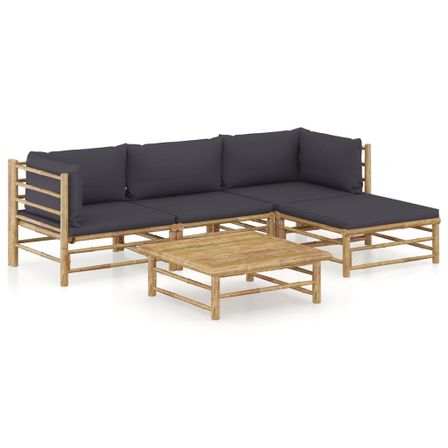 Salon de jardin 5 pcs avec coussins gris foncé Bambou