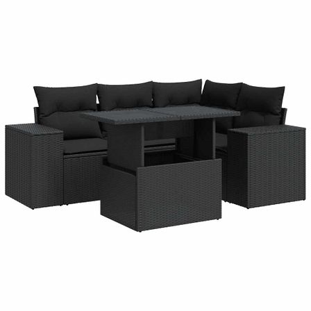 Salon de jardin 5 pcs avec coussins noir résine tressée