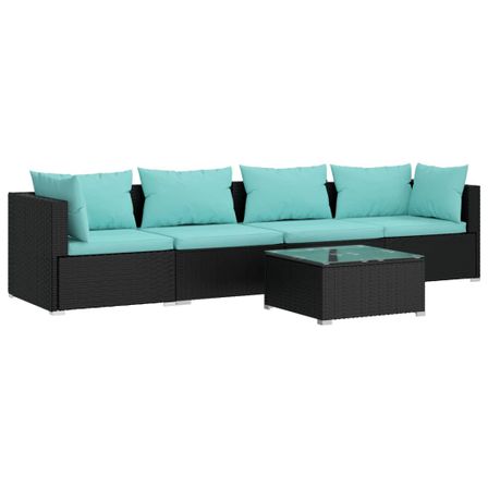Salon de jardin 5 pcs avec coussins Résine tressée Noir 11