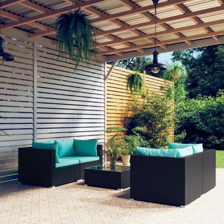 Salon de jardin 5 pcs avec coussins Résine tressée Noir