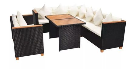Salon de jardin 5 pièces résine tressée noir coussins blancs Kimberly