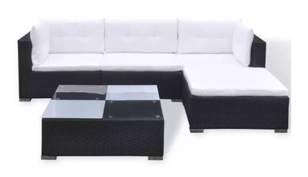 Salon de jardin 5 pièces résine tressée noir et coussins blanc Kim