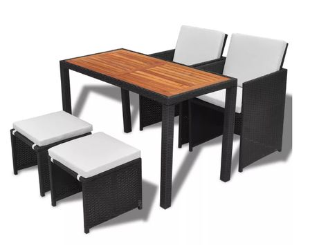 Salon de jardin 5 pièces résine tressée noir et coussins blanc Leyla