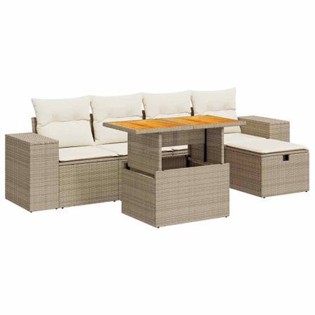 Salon de jardin 6 pcs avec coussins beige résine tressée acacia