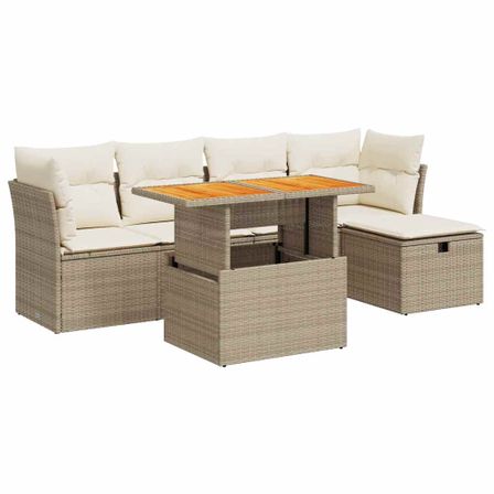 Salon de jardin 6 pcs avec coussins beige résine tressée acacia