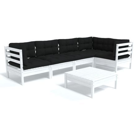 Salon de jardin 6 pcs avec coussins Blanc Bois de pin