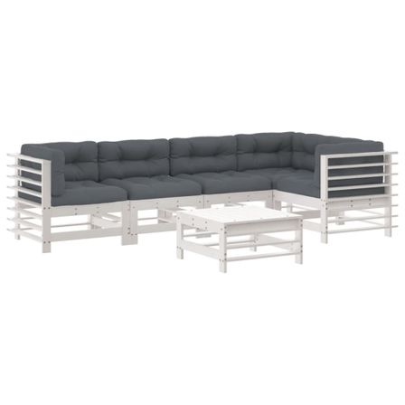 Salon de jardin 6 pcs avec coussins blanc bois massif