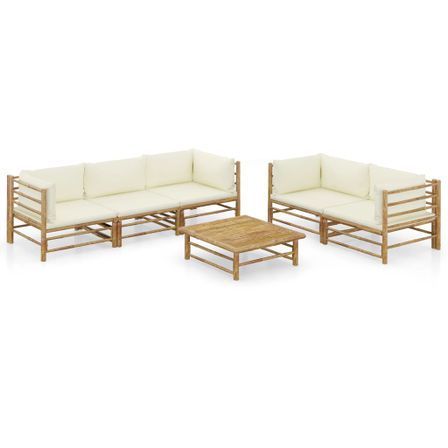 Salon de jardin 6 pcs avec coussins blanc crème Bambou 3