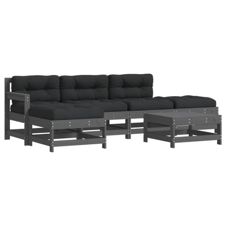 Salon de jardin 6 pcs avec coussins gris bois massif