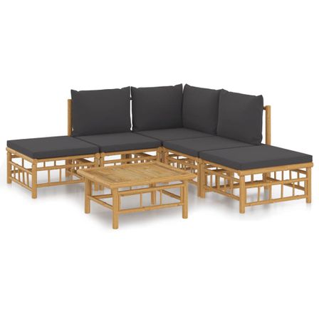 Salon de jardin 6 pcs avec coussins gris foncé bambou