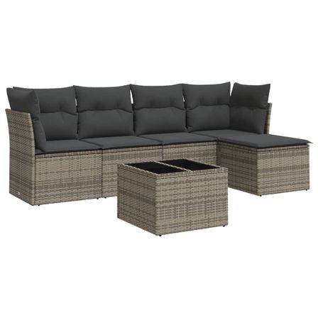 Salon de jardin 6 pcs avec coussins gris résine tressée