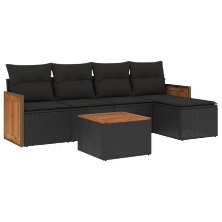 Salon de jardin 6 pcs avec coussins noir résine tressée
